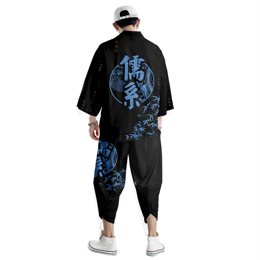 Dwuczęściowy garnitur Oversize XXS-6XL styl japoński modne Kimono i zestaw spodni męski kardigan bluzka Haori Obi azjatyckie ubrania