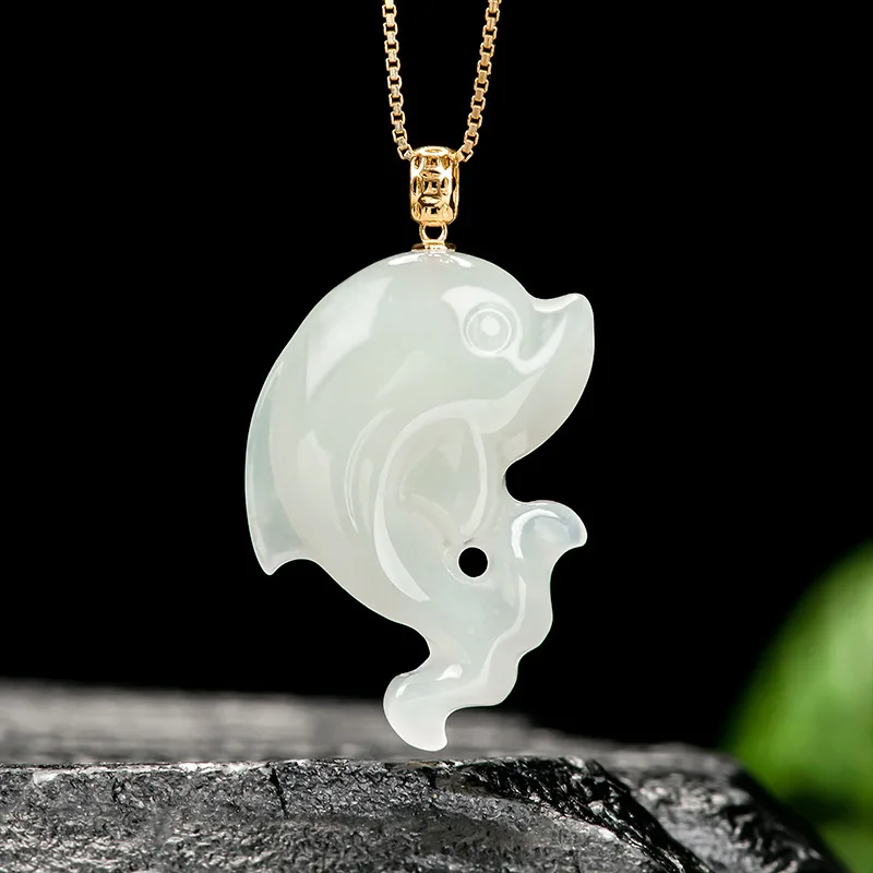 Genuine Natural Old material Hotan White Jade Dolphin Pendant Genuine 18K Gold Inlaid Jadeite Charms For Men's Women's Jewelry