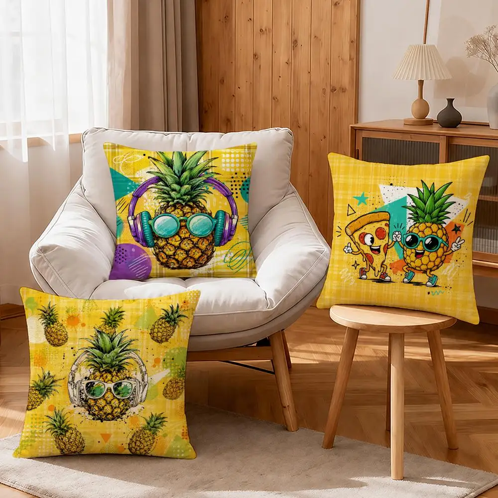 Art Cool Cartoon Pineapple Illustration Cushion Cover Linen Anti-Mite Antibacterial Cushion Cover Invisible Zipper Sofa Decor