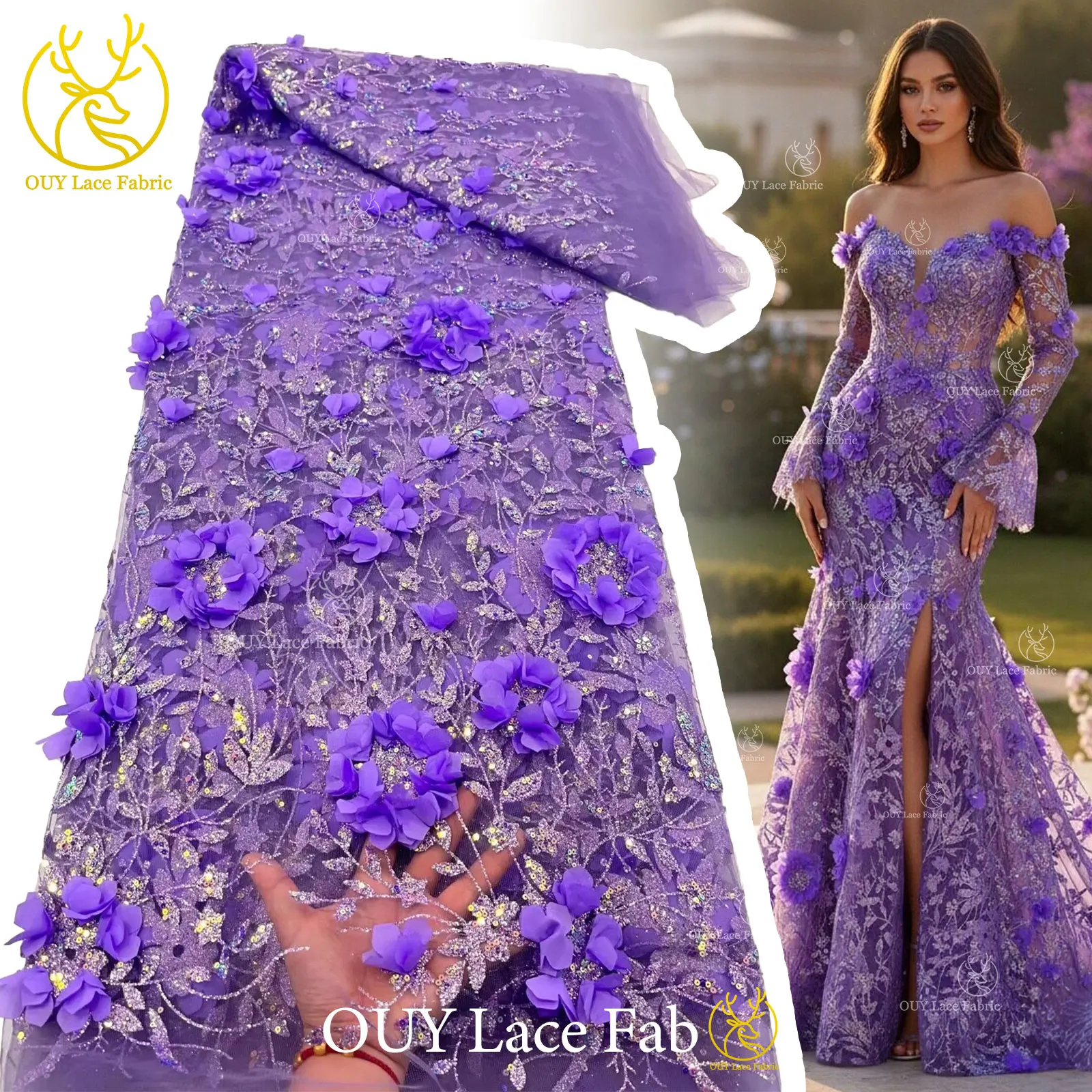 

3D Floral Sequin Lace Fabric 2026 High-Quality French Nigerian Glue Sequin Lace Fabric Party Wedding Gowns Evening Dresses