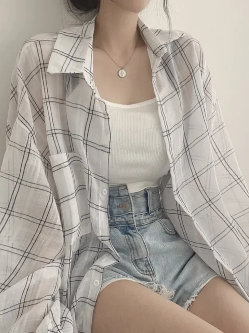 Csa de Proteção Solar Estilo Casual de Verão, Solta e Leve, de Manga Longa, Estampa Xadrez, Moda Fena para Escritório