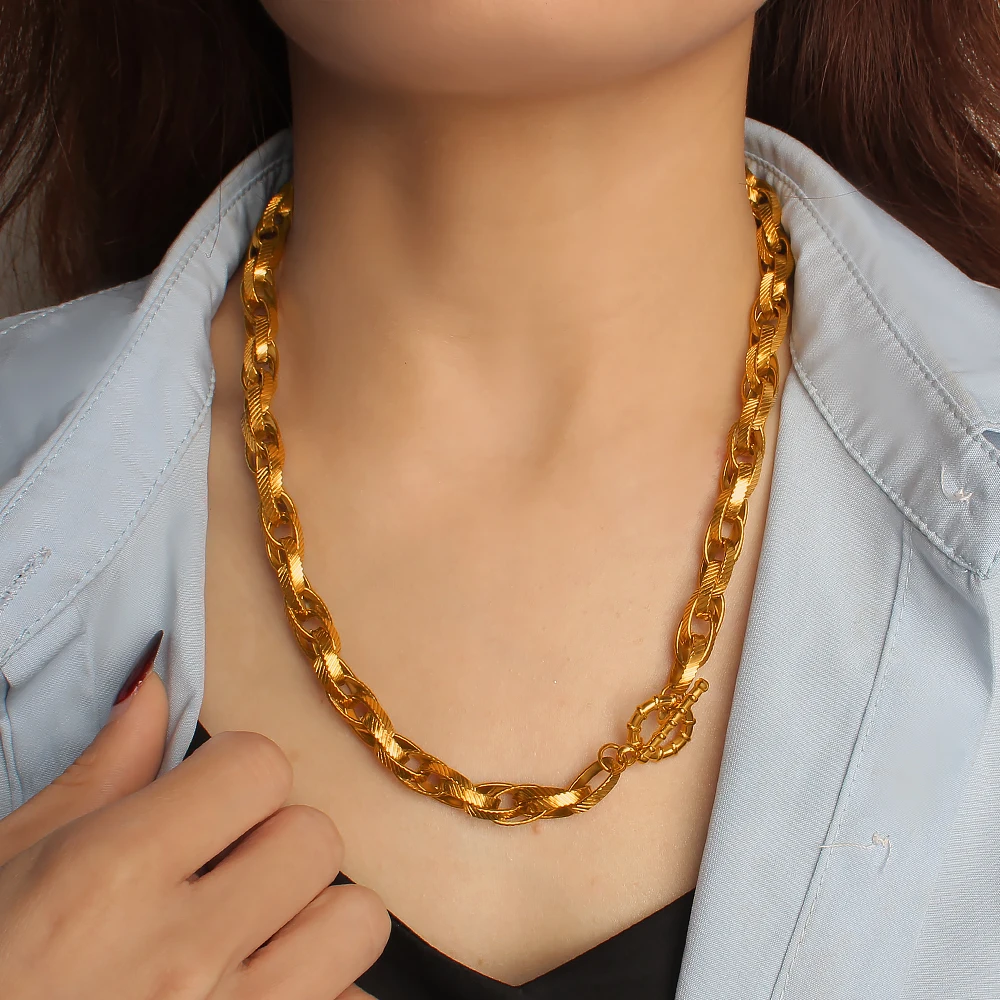 Cross-Border Hot-Selling Stainless Steel Interlocking Necklace Bracelet with Vintage Texture and Thick Chain, Versatile Jewelry for Women