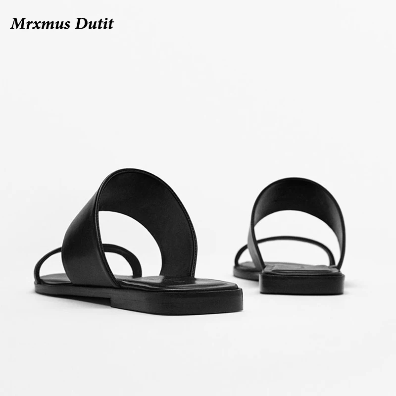 Mrxmus Dutit 2024 New Summer Fashion Genuine Leather Open Toe Flat Sandals Women Slippers Solid Simple Casual Beach Shoes Female