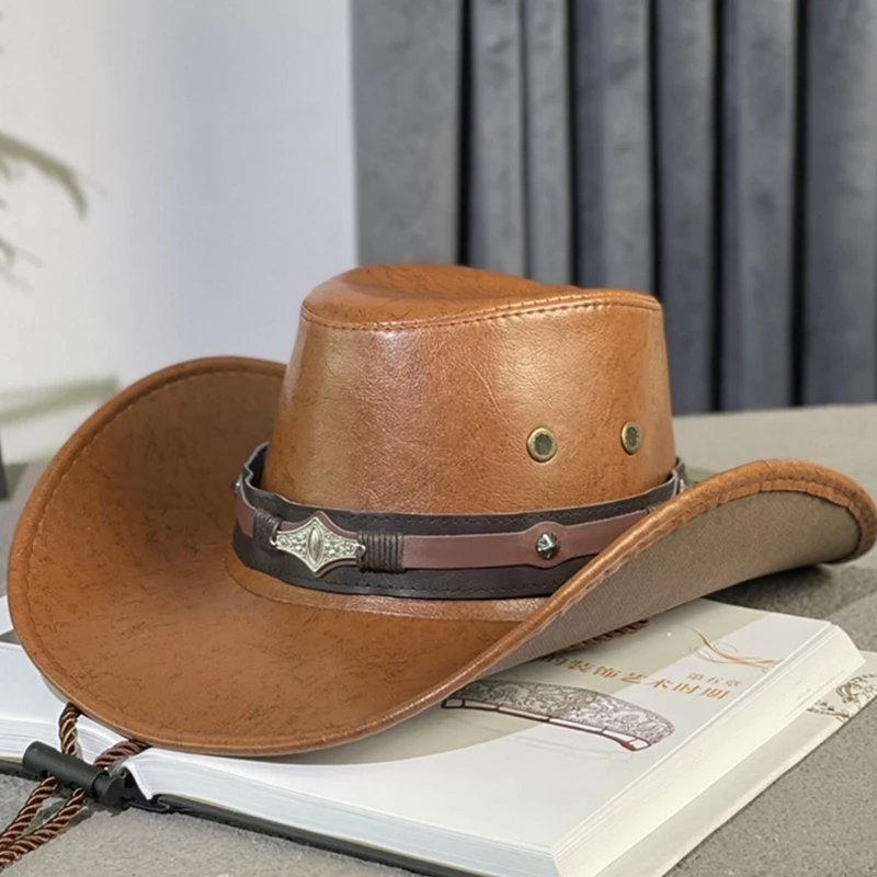 Adult Punk Cowboy Hat Large Brim Hat Rolled Brim Fedoras PU Leather Cowboy Hat with Adjustable Chin Rope