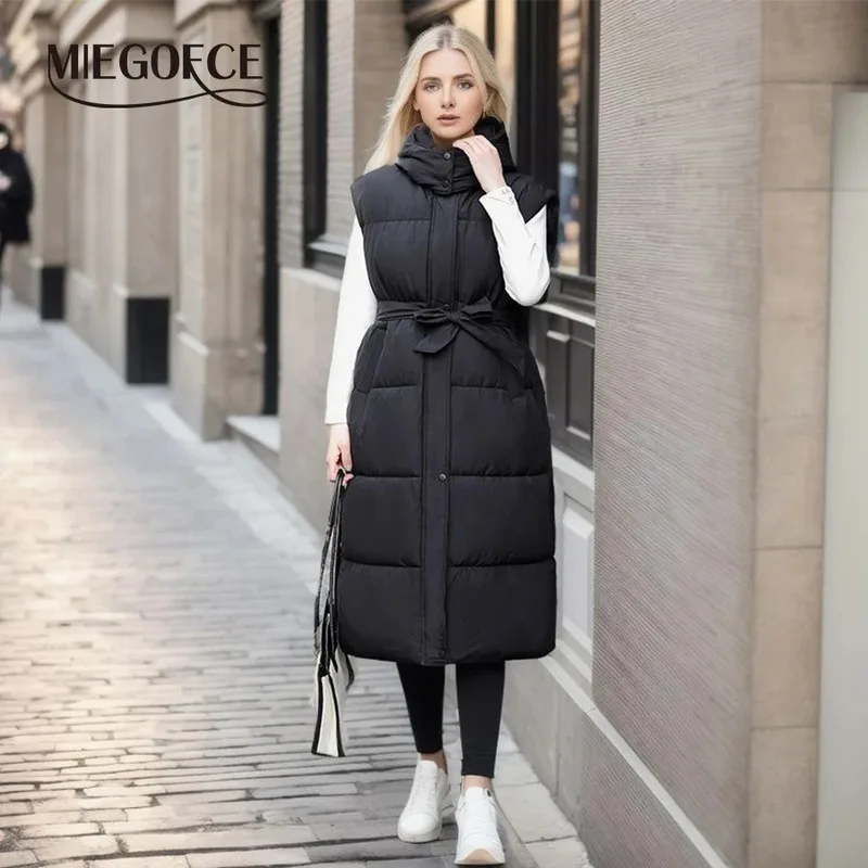 

MIEGOFCE 2024 Winter Casual Sleeveless Jacket Hooded Stand-Up Collar Long Loose Coat Windproond Warm Vest Parka MZ-23143