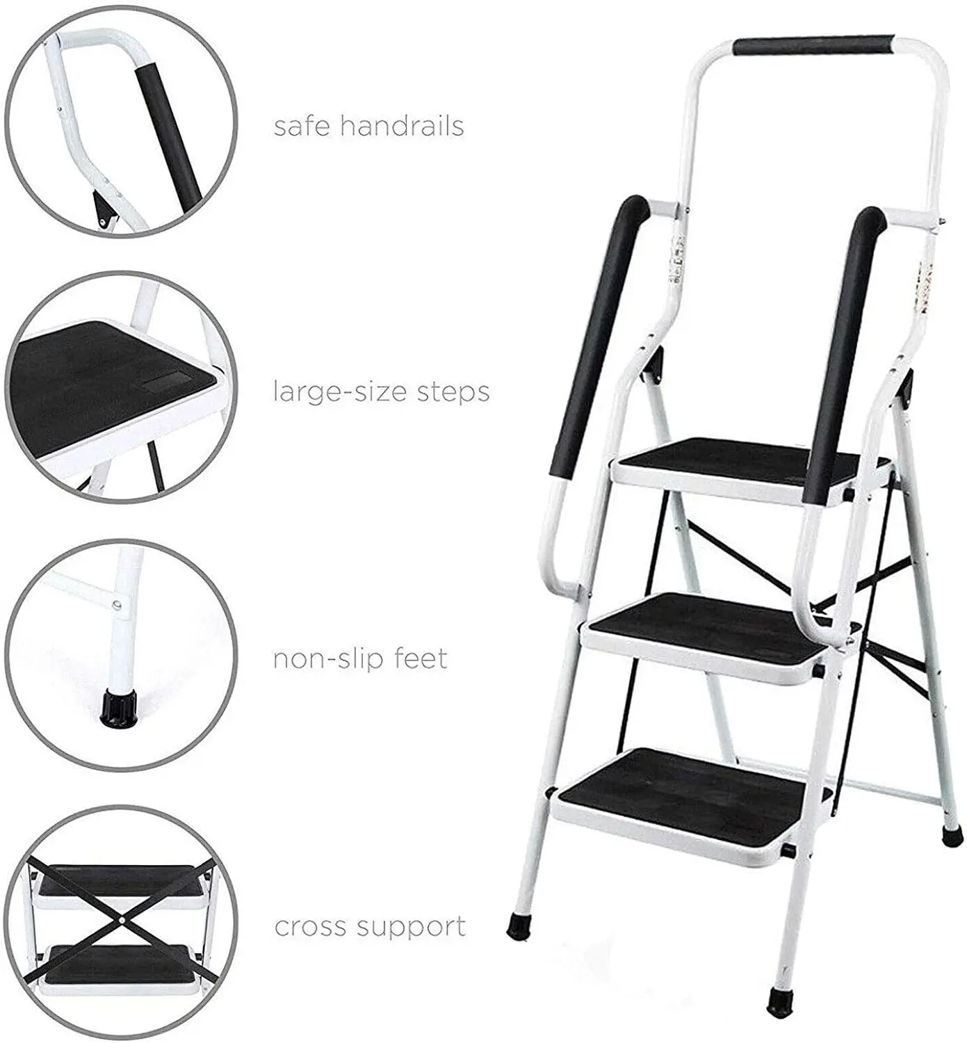 EFAN 3-Stufen-Klappleiter mit Handlauf, Trittleiter, faltbar, tragbar, kompakt, Leiter, rutschfeste Matte, einfache Aufbewahrung für Heimwerker