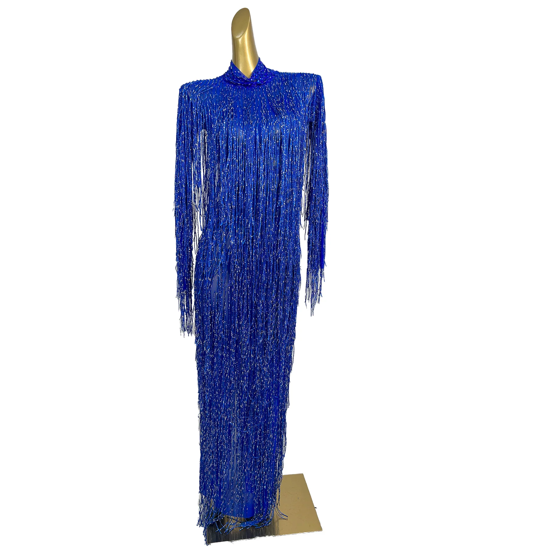 Shizi Elegant Women Dress Sparkling Blue Tassel High Elasticity Dress Stage Performance Costume Birthday Cocktail Prom Gowns