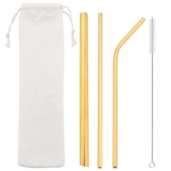 Gold Reusable Straw 304 Stainless Steel Sharp Straw Metal Drinking Straws with Cleaner Brush for Bubble Tea Smoothie Milkshake