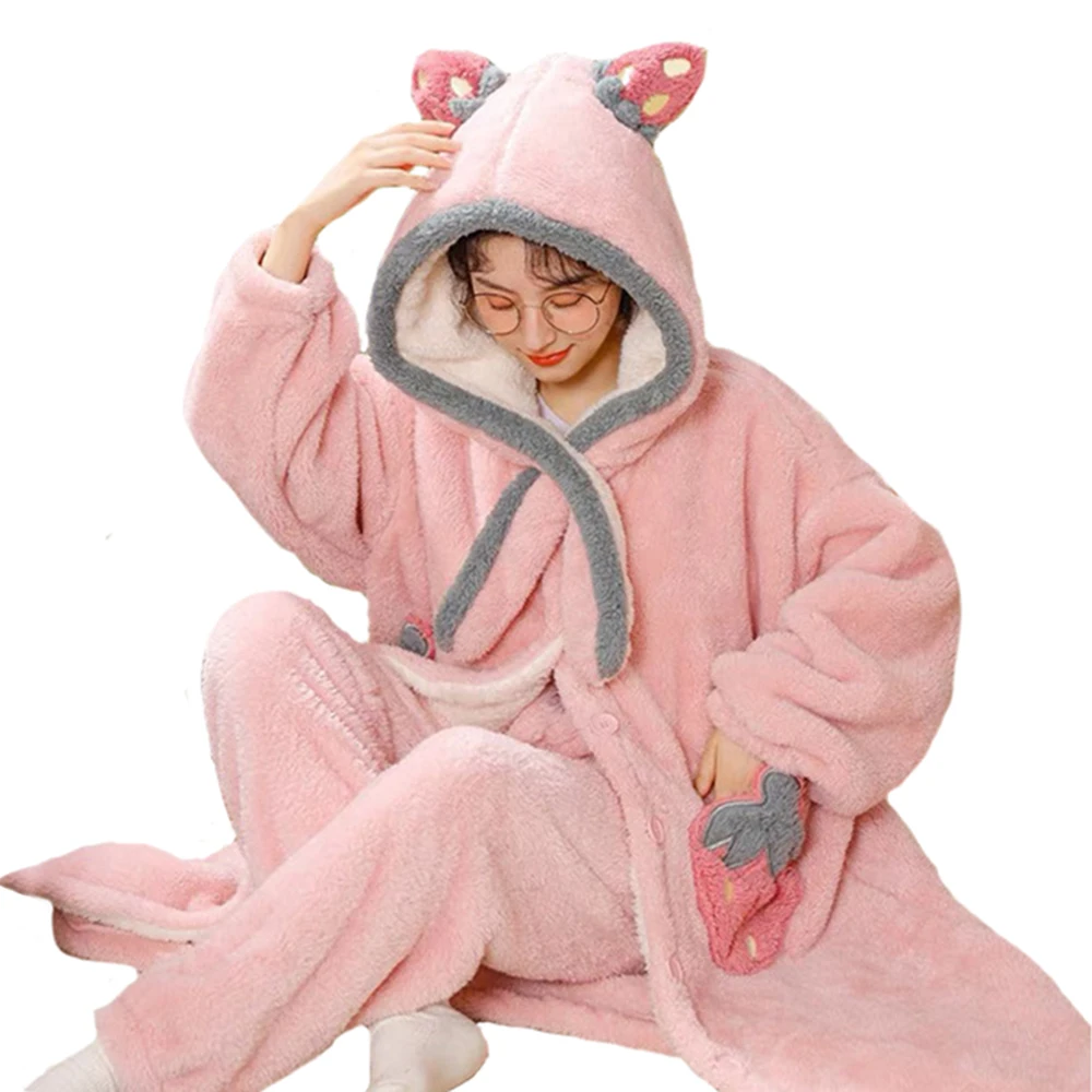 

Cute Cartoon Pink Pajamas Set Winter Flannel Hooded Nightgown With Pants Suit Nightdress Set For Women Sweet Sleepwear Homewear