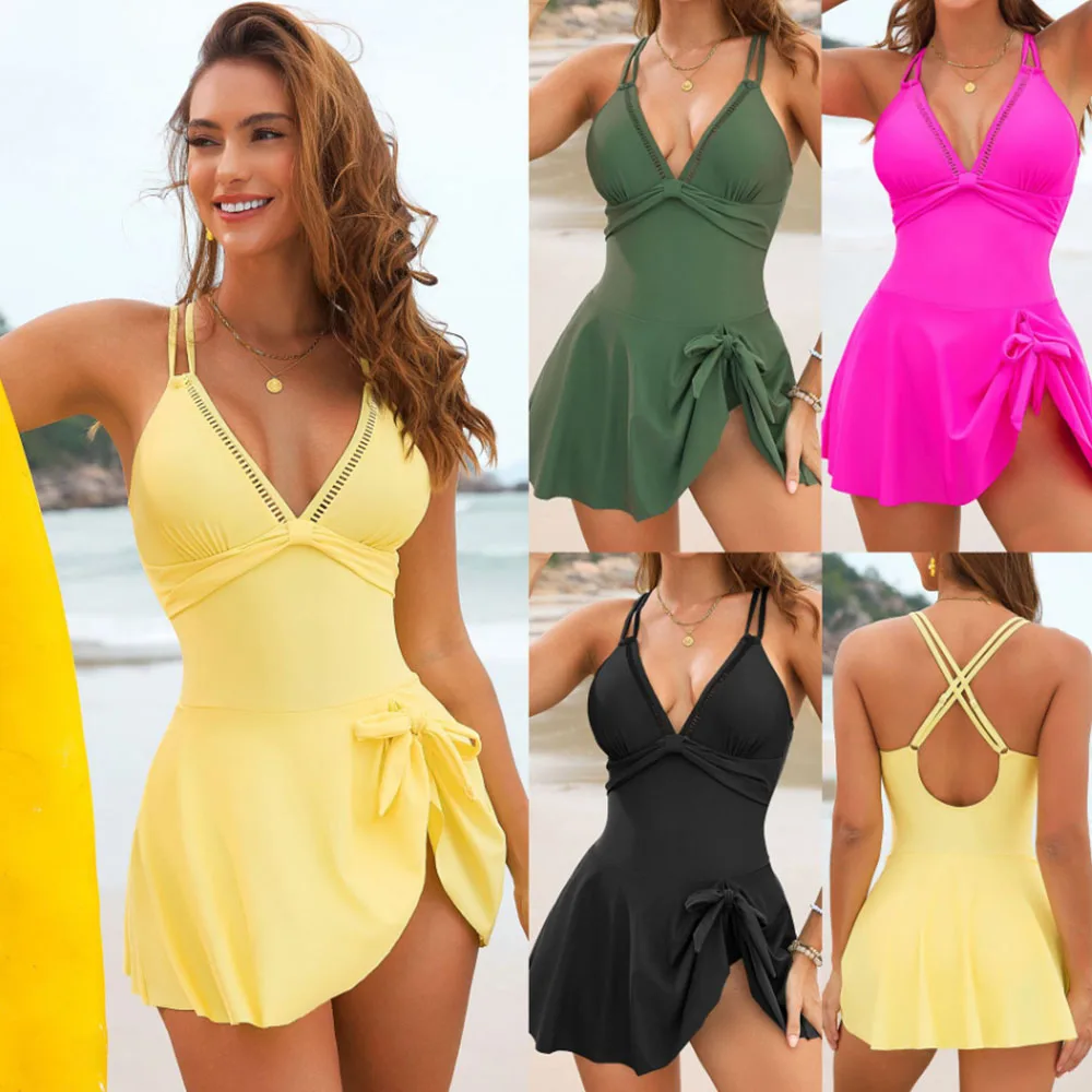 

Женский слитный купальник с рюшами, однотонный, для пляжа, плавания, летний