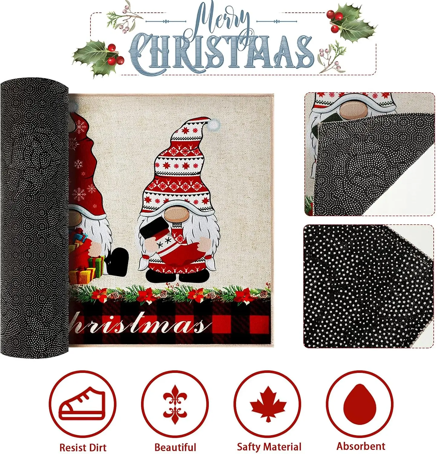 VIKAMA عيد ميلاد سعيد جنوم ترحيب ممسحة الأحمر الجاموس منقوشة الكلمة حصيرة عدم الانزلاق قابل للغسل منطقة البساط لمدخل المنزل الديكور #5