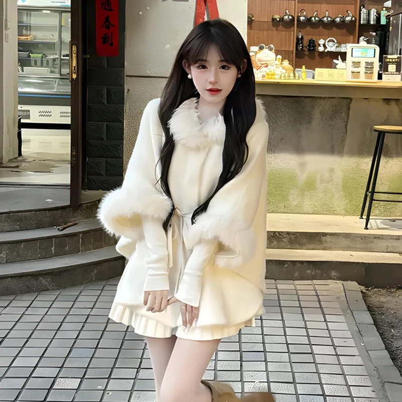 Gentle Fur Collar Capes Women Solid Lace Up Loose Casual Lazy Wind Sweet Coats Korean Cute Autumn Winter Elegant Female Outwear