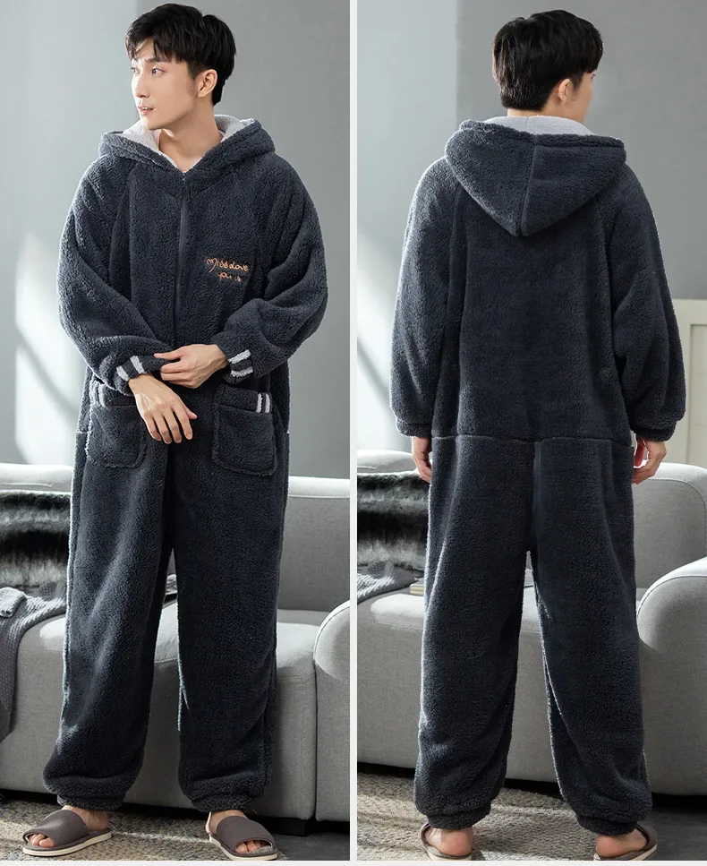 Fall and Winter One-piece Pajamas Plush Pajamas  Long Sleeve Zipper Hooded Jumpsuits Thick Home Warm One-piece Clothes for Male