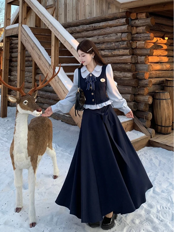 

plus Size College Style Two Piece Set High Waist Knitted Skirt And Top for Women Autumn Winter Anti-Aging Fashion Ensemble