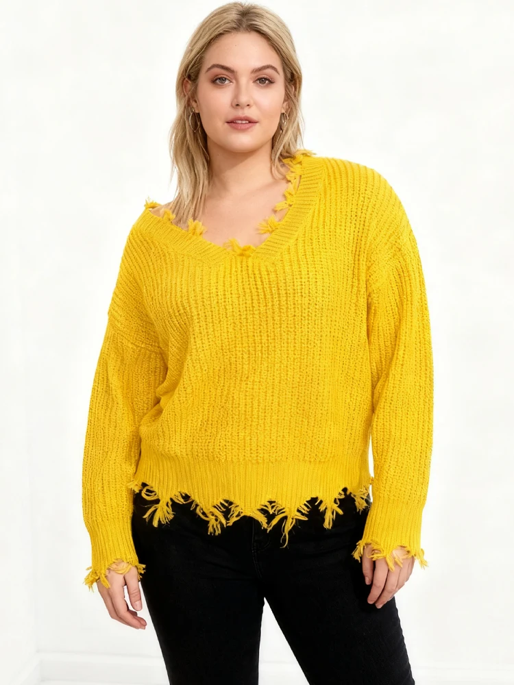 Nueva moda, jersey de punto ajustado de manga larga con borlas y cuello en V, Top de talla grande para fiesta, suéter versátil elegante de talla grande para mujer