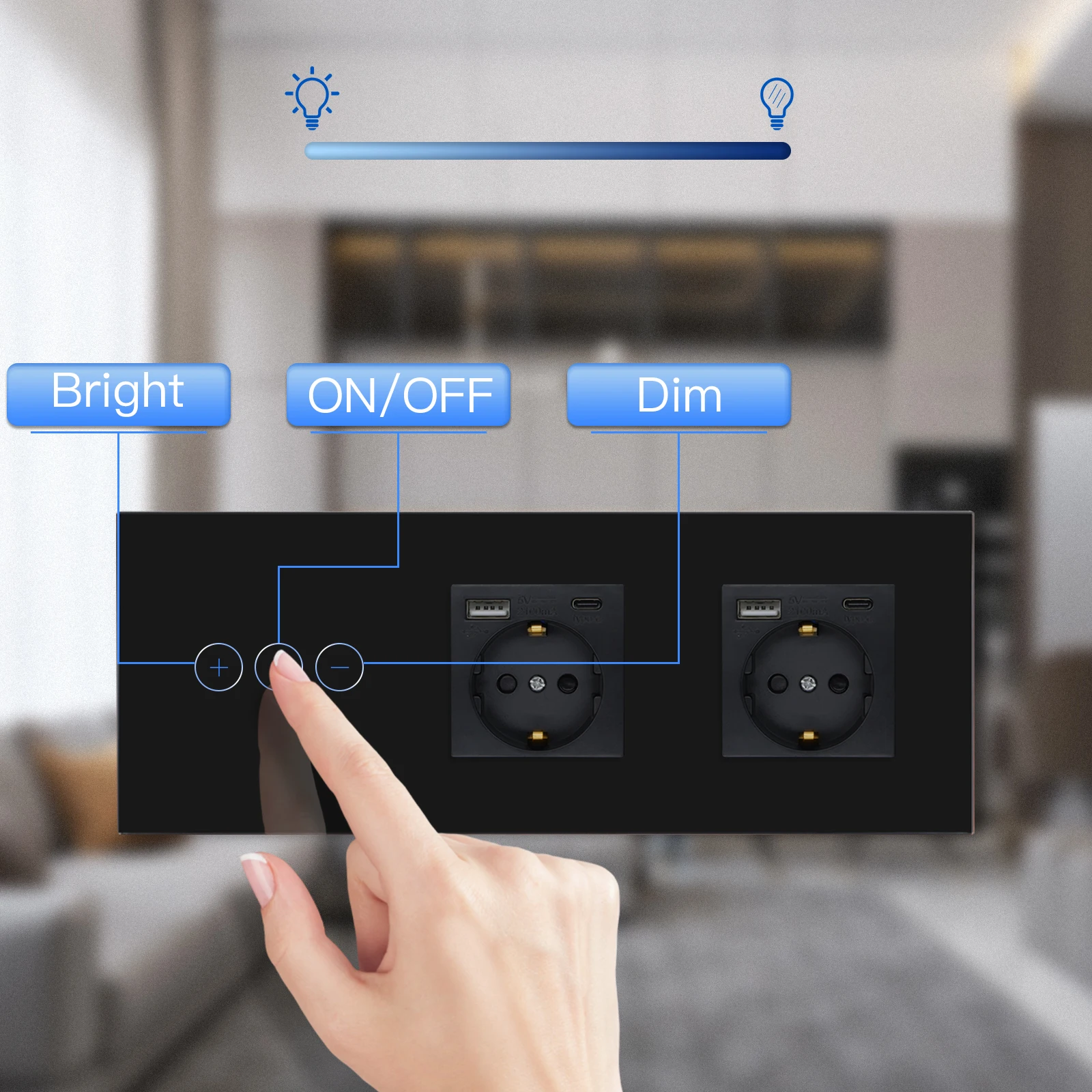 Bseed Dimmer Series EU Standard Dimmable Touch Switches Glass Panel 5V 2.1A USB Phone Charge EU Sockets LED Dimmer Wall Switches