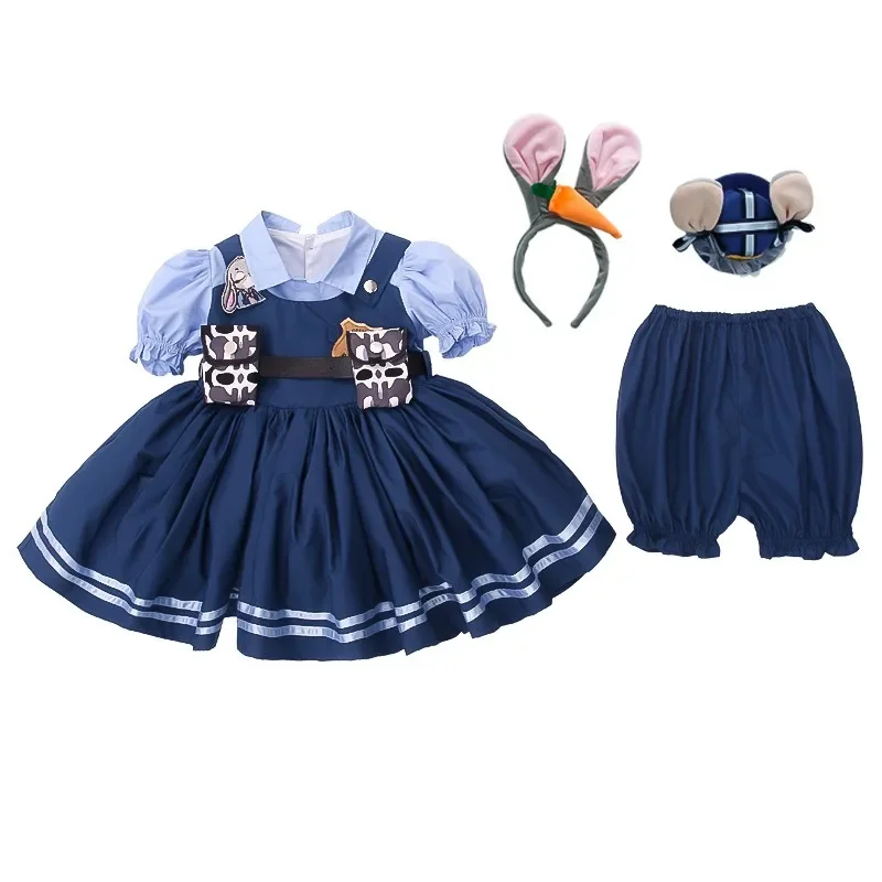 Casual Dress with Rabbit and Police Design, Puff Skirt, Suitable for Performance of Officer Judy New 2024 Girls