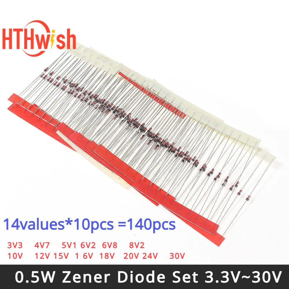 140PCS 0.5W Zener Diode Set 3.3V~30V Voltage Regulator Diode Pack 14 values Assorted Kit 4.7V 5.1V 6.2V 6.8V 8.2V 10V 12V 15V