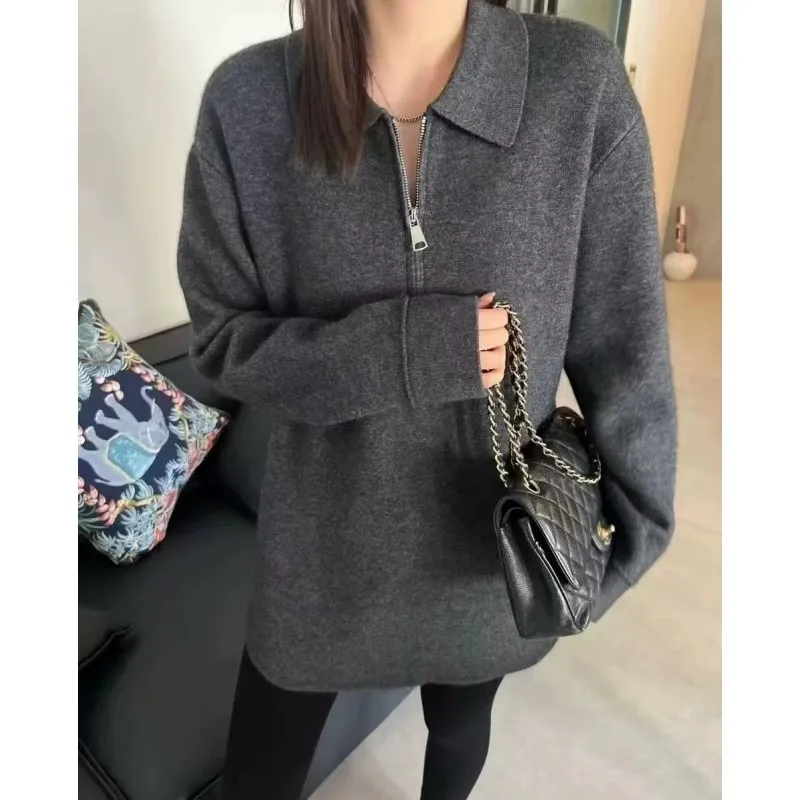 

Полуоткрытый вязаный свитер из 100% шерсти с лацканами со шнуровкой и свободным верхом, осенне-зимний утолщенный свитер