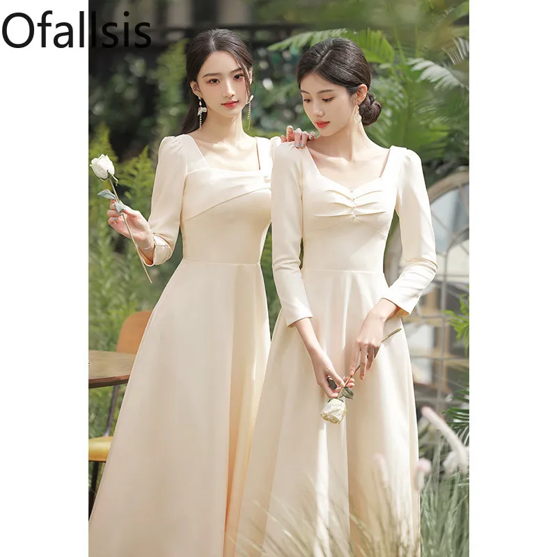 Ofallsis Champagne Square Neck Bridesmaid Dress 2023 New Winter Long Sleeve Wedding Sisters Evening Dresses Female Vestidos