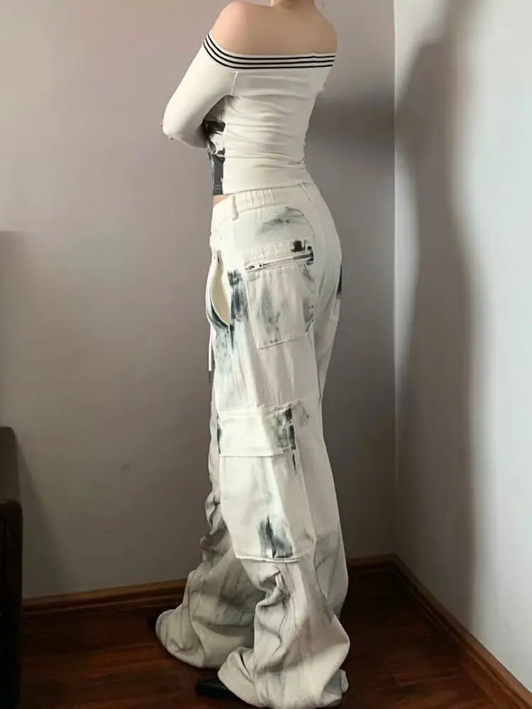 جينز نسائي واسع جينز نسائي سبان شوجو فتاة نمط الدنيم الطبقة السراويل البيضاء جان Y2k Coquette ملابس امرأة السراويل عالية الخصر