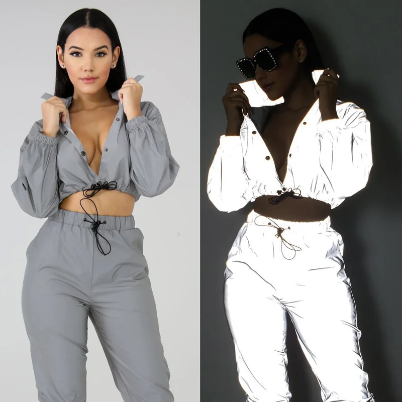 

Reflective Pants Set Rave Outfits for Women 2 Piece Hip Hop Dance Costume Nightclub Crop Top Trousers Cargo Stage Performance