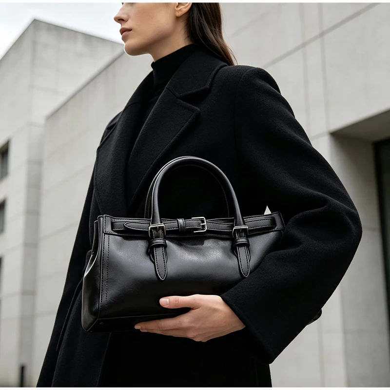 Gürtelschnallen-Verstellbare Umhängetasche, Damen Einfarbige Minimalistische Handtasche, Schwarze Vielseitige Pendler-Arbeitstasche – Detail 8