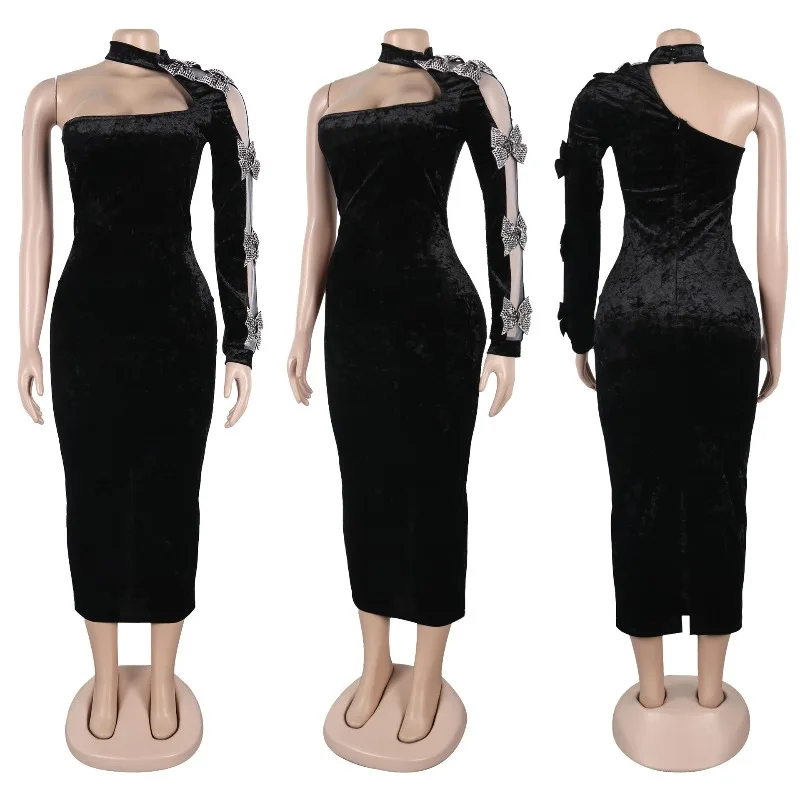 Sexy One Shoulder Velvet Maxi Dress Women Evening Night Club Party Halter Long Sleeve Bow Tie Prom Elegant Long Dresses Gown