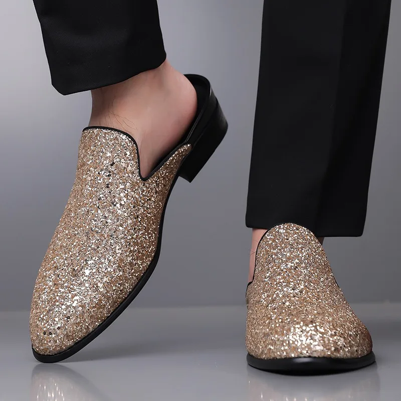 39-48 man mules slippers golden sequins half shoes for man luxury menswear dress shoes mules homme