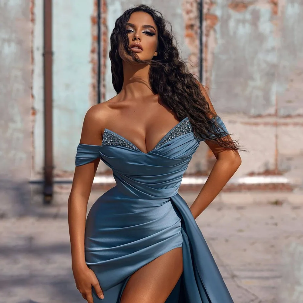 Sexy Grey Blue Off Shoulder Beaded Satin Evening Dress Mermaid for Women Slit V-Neck Pleated Backless Evening Party Gown