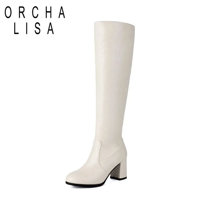 ORCHALISA Classic Women Knee High Boots Round Toe Block Heels 6.5cm Zipper Large Size 46 47 48 Vintage Daily Lady Riding Booties