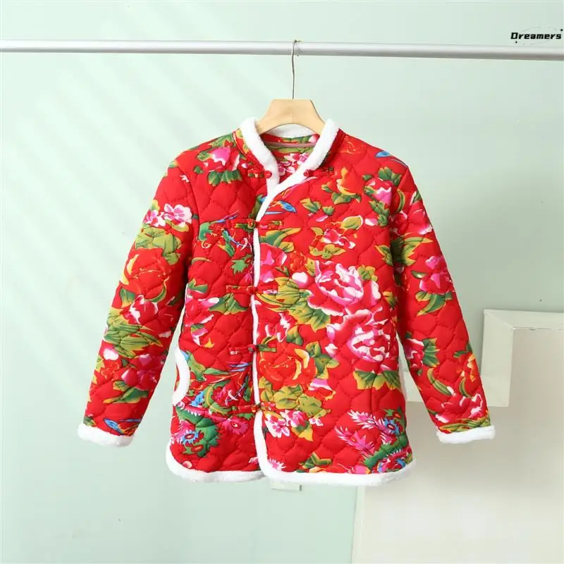 

Thiened Floral Print Cotton Jaet Retro Button Ethnic Sle Asymmetrical Mom Small Flower Pattern Home Wear Long Length Sp...