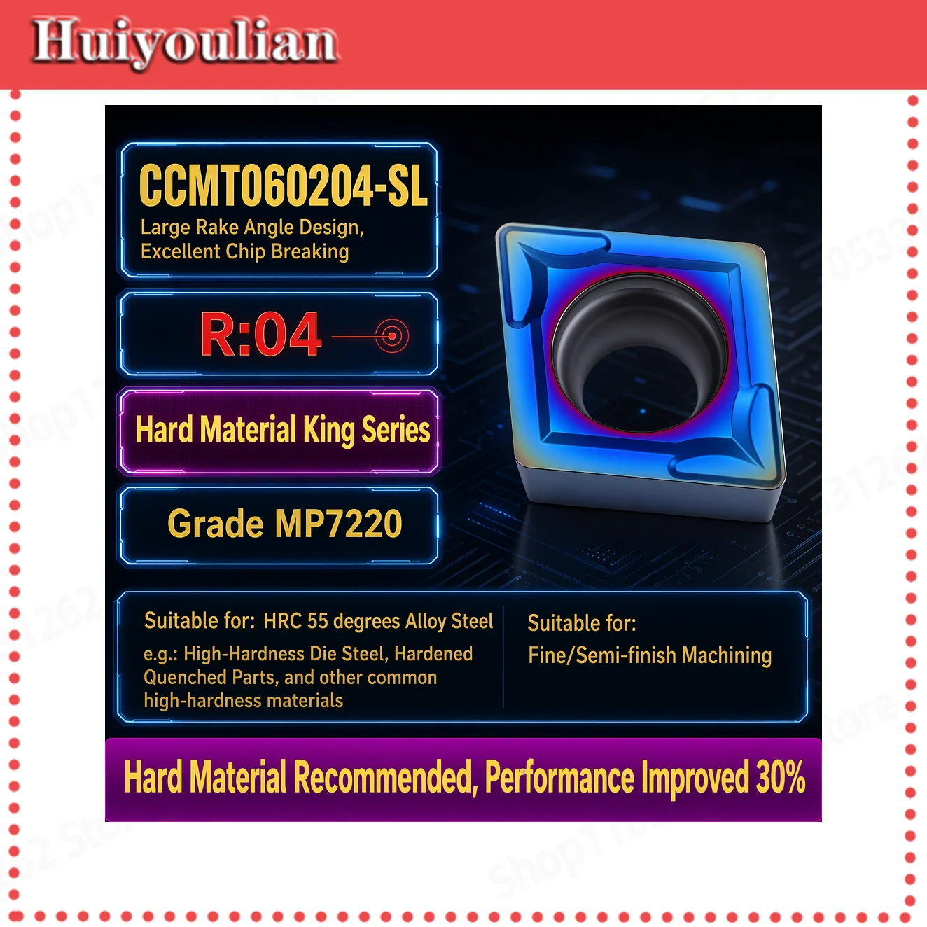 CCMT060204-SL Precision Coated Large Rake Angle for Mold Hardened Quenched Steel Alloy HRC≤55° CNC Lathe Turning Insert R04 30%