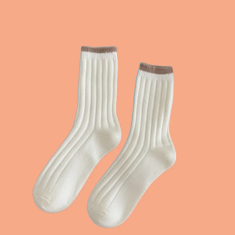 3/6 Pairs Thick Warm Japanese Vertical Striped Stacked Socks Solid Color Women's Autumn and Winter Middle Socks New Wool Socks