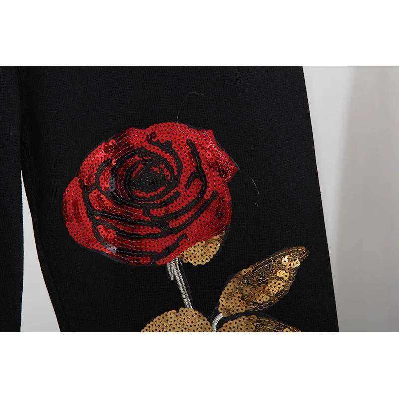 韓国ファッションローズスパンコール刺繍ニットトラックスーツ女性服黒ルーズニットプルオーバーセーター長ズボンセット女性