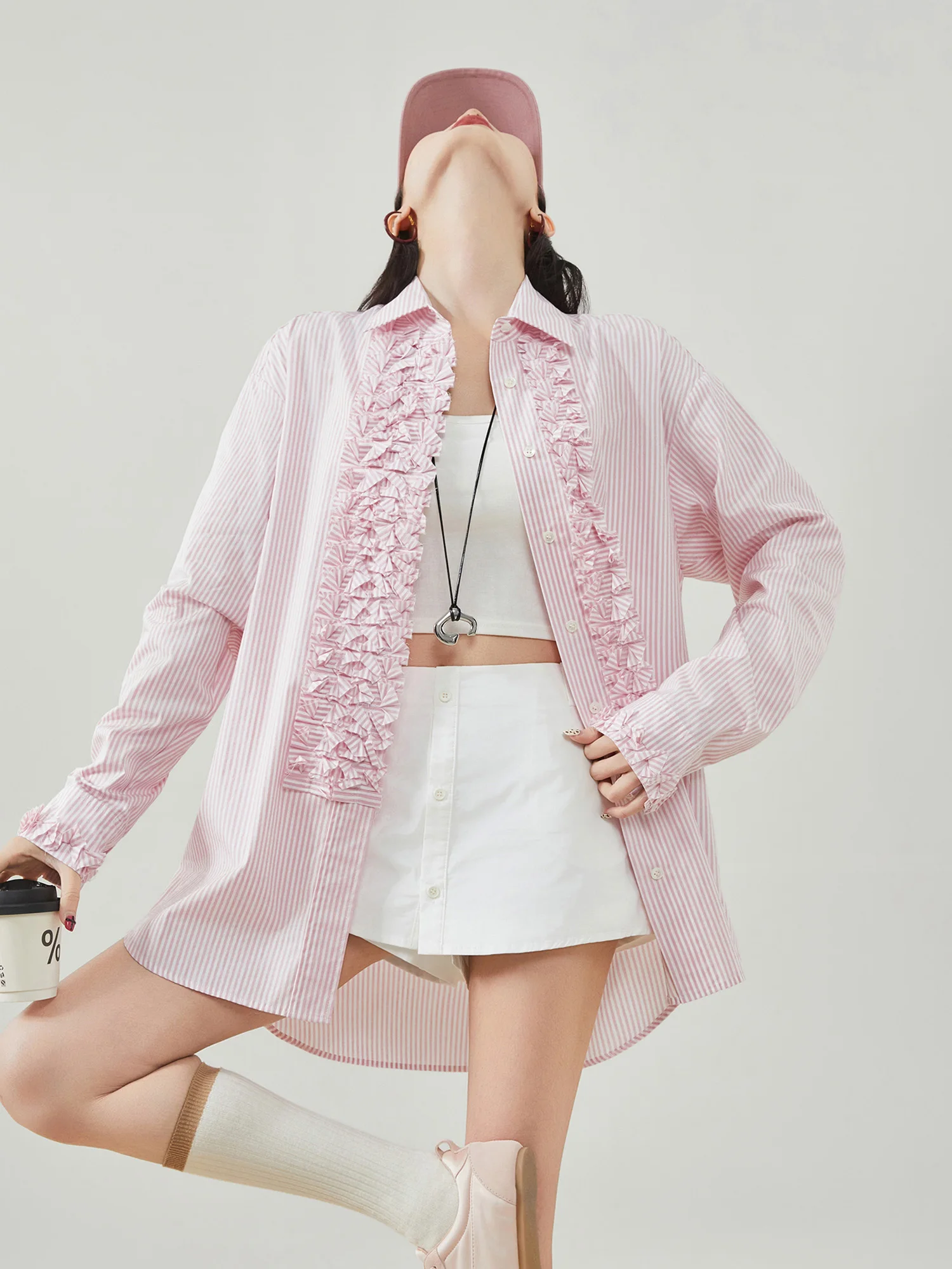 

Pink Ruffle Trim Striped irt Women's Loose Fit Spring 2026 Korean Sle Versatile Outerwear Trendy Casual Sle Polyester F...