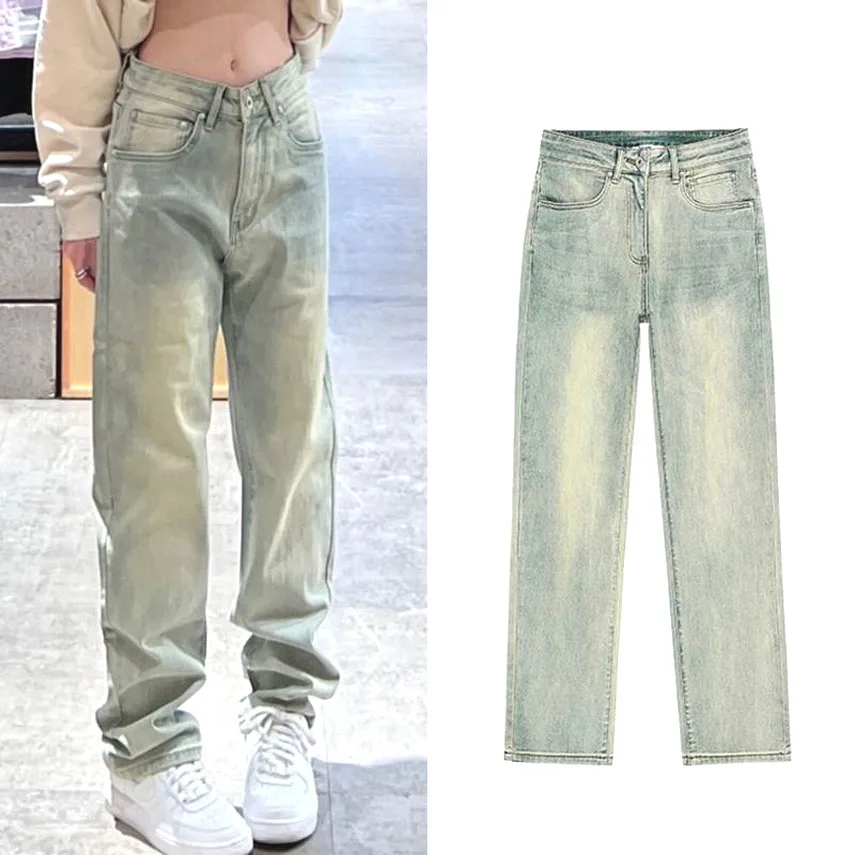 

Мужские джинсы American Streetwear Heavy Du, прямого кроя, с эффектом выцветания, цвета желтой глины, в стиле ретро, с высокой талией, модель «папины брюки»