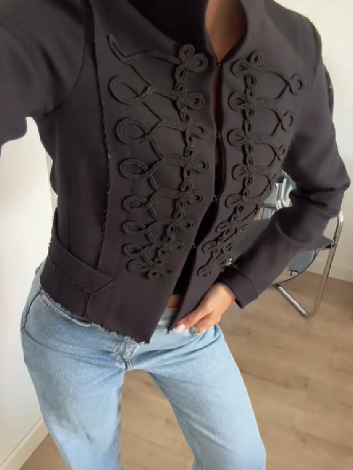 Chic Chinese Knot O-Neck Full Sleeve Cropped Jacket Women Mandarin Collar Napoleon Style High Street Daily Commuting Lady Coats