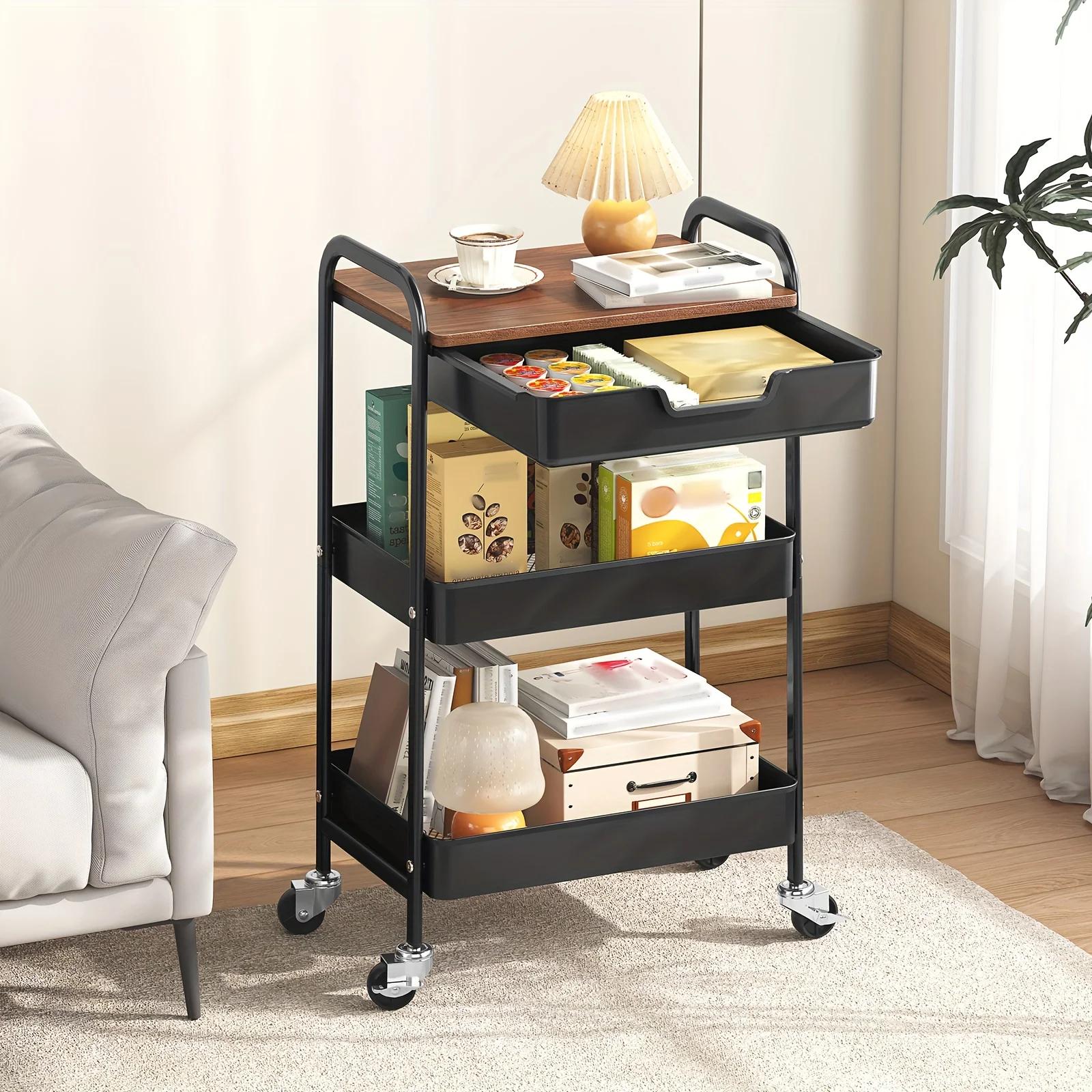 3-Tier Metal Utility Rolling Cart Featuring a Drawer And Table Top