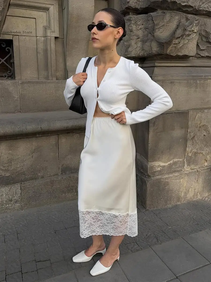 Summer Women's Lace Panel Midi Skirt with Lace Trim Elegant Causal Knee Length Ankle Ladies A-Linen Skirt