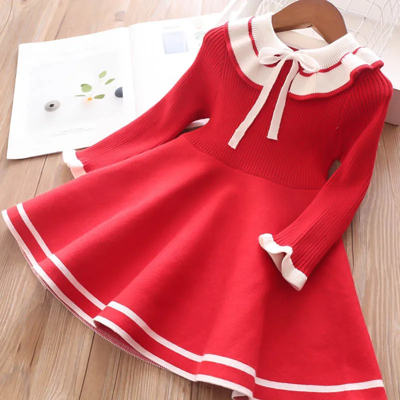 Girls Long Sleeve Knitting Sweater Dresses Autumn/Winter Children Warm Princess Birthday Party Dress Kids Red Christmas Costume