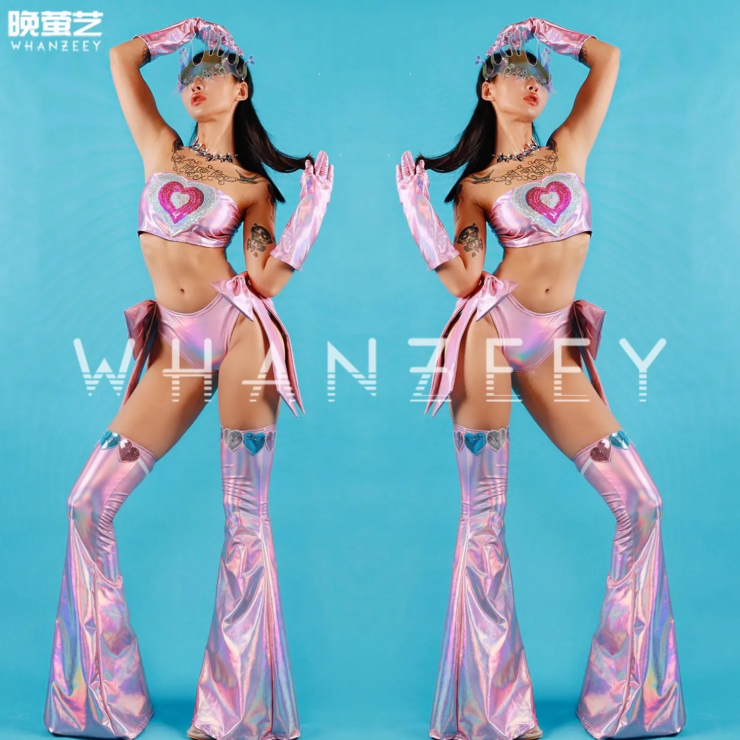 

Female Fantasy Pink Purple Sexy Heart Shining Top+Exaggerated Bell Pants Bar Gogo Valentine's Day New Singer Stage Dance Wear