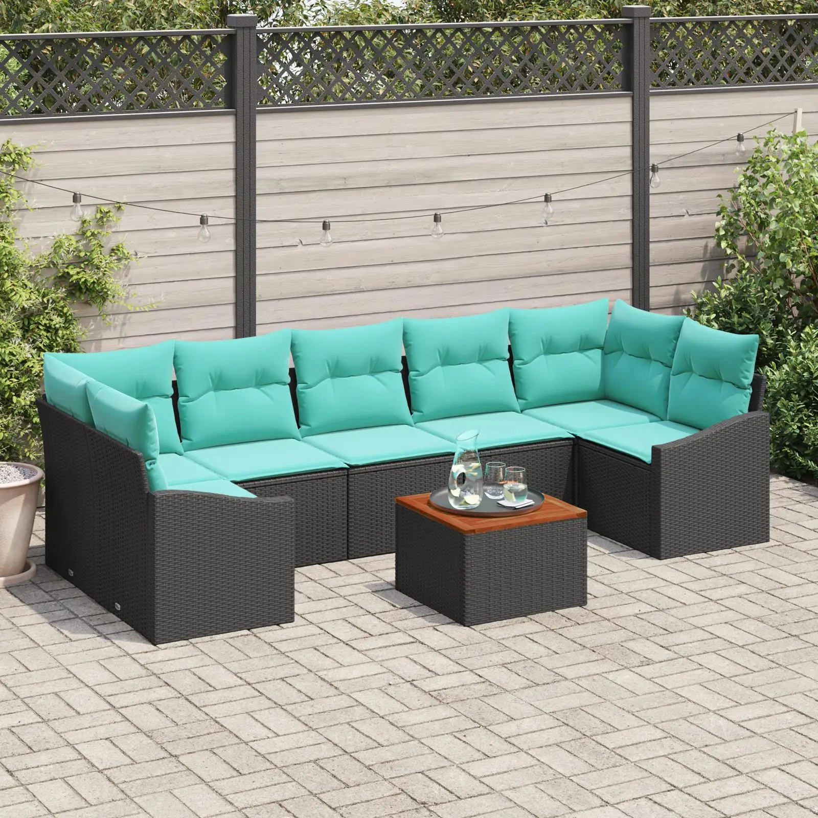 

Luxurious 8 Piece Garden Sofa Set with Cushions Black Poly Rattan and Acacia Wood Versatile Outdoor Furniture