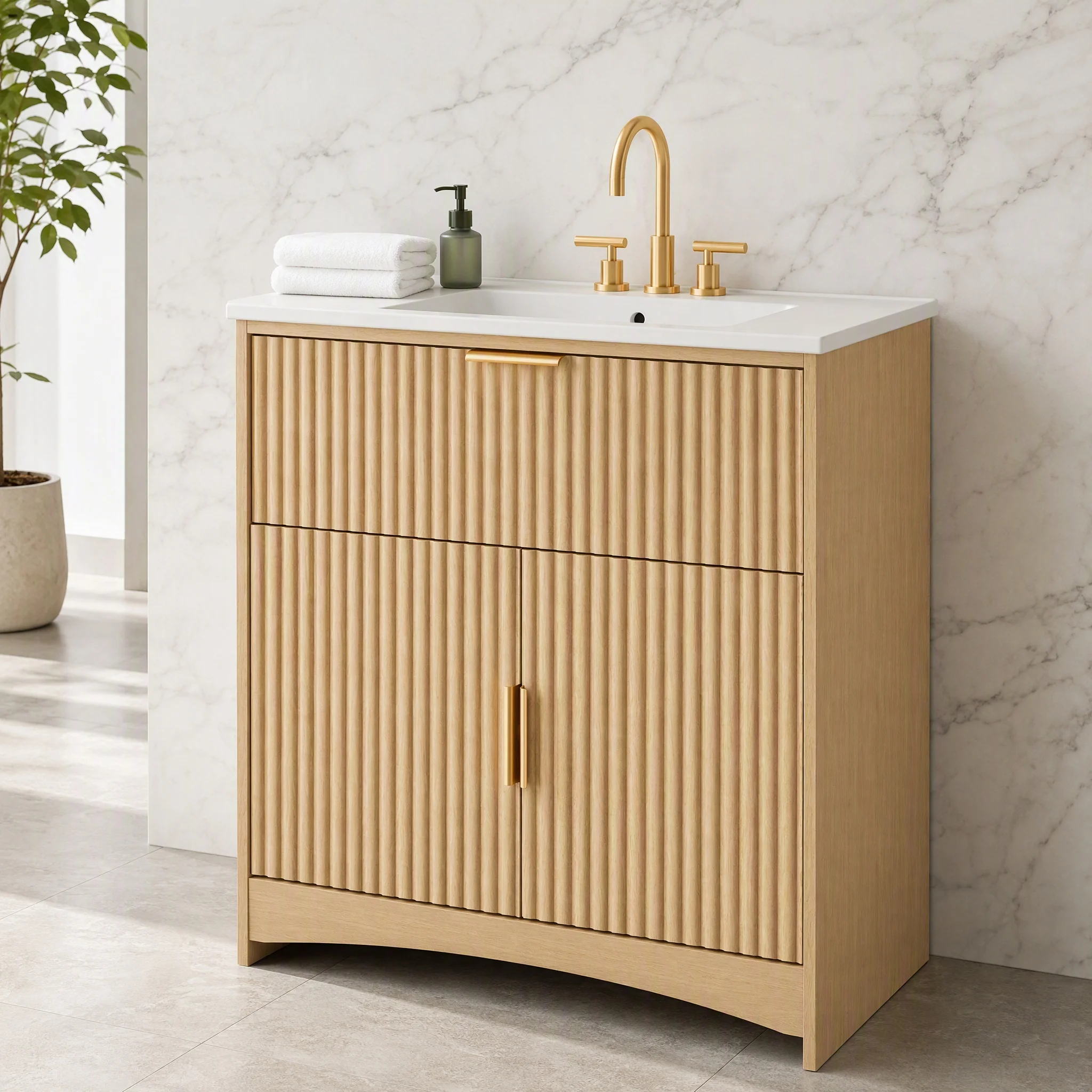 30 Inch Fluted Bathroom Vanity with Ceramic Sink, U‑Shaped Drawer & Adjustable U‑Shaped Shelf, CARB‑Certified Bathroom Storage Cabinet