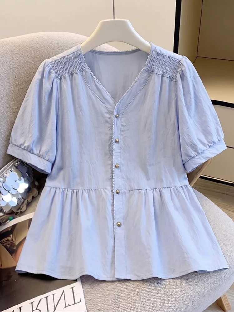 

Light Blue V-Neck Short Sleeve Shirt Women's plus Size Summer New Style Korean Version Loose Fit Button up Doll Shirt Top