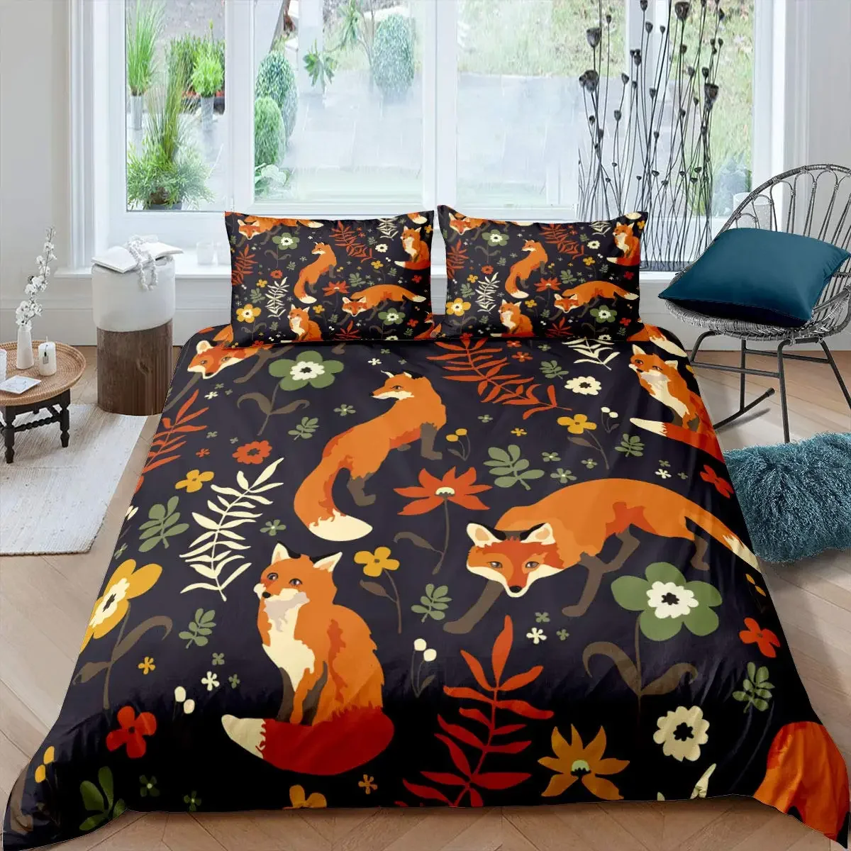 Cute Forest Animals Theme Duvet Cover Sets King Size Fox Deer Rabbit Owl Hedgehog Flowers Comforter Set 2/3pcs Bedding Cover Set