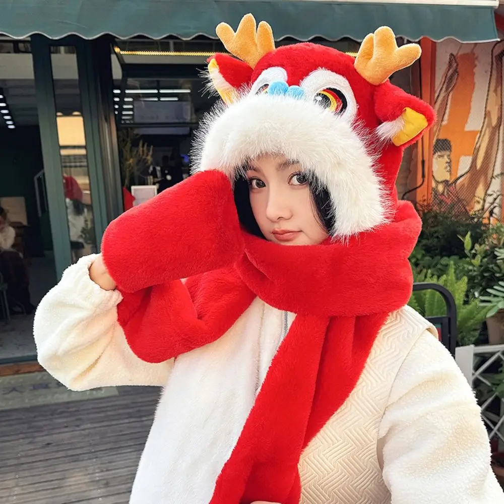 Windproof Integrated Cap Scarf Gloves Red Dance Lion Dragon Beanie Hat Scarf Soft Plush Casual Scarf Set Hooded Outdoor