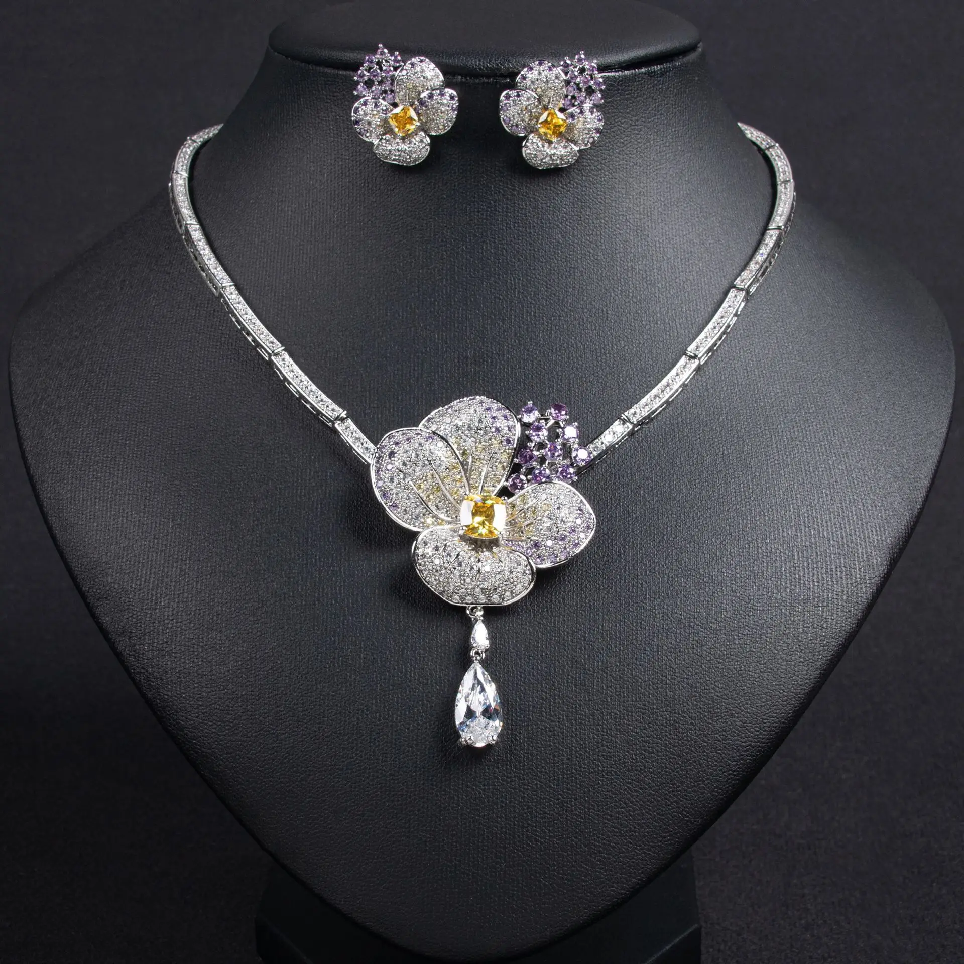 Flower Zircon Necklace & Earrings Set for Women Luxury Wedding Engagement Party Bridal Dress Accessories Fashion Gift