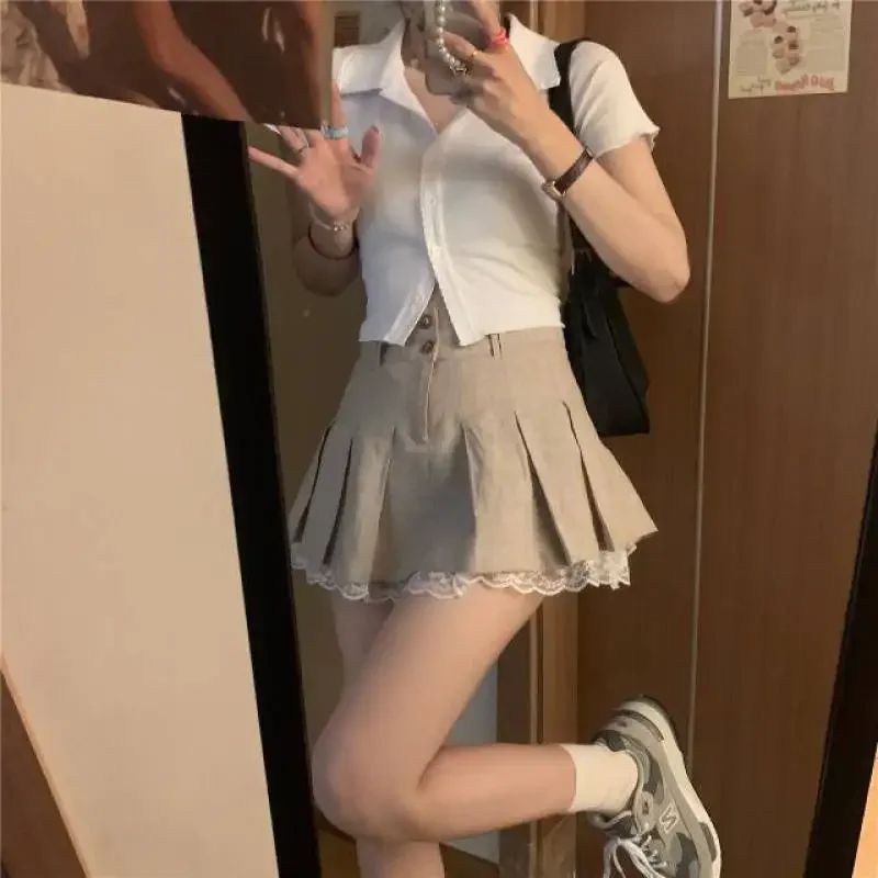 Summer Lace Trim Pleated Skirts Women Preppy Style Khaki High Waist Skirt Girl Teens Harajuku School Uniform Mini Skirt