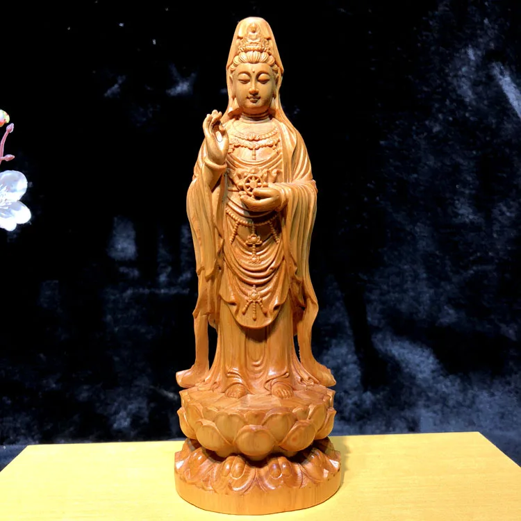 

20cm # 2020 office home efficacious Talisman Protection High-grade Wood carving Lotus Guanyin buddha handicraft Sculpture statue